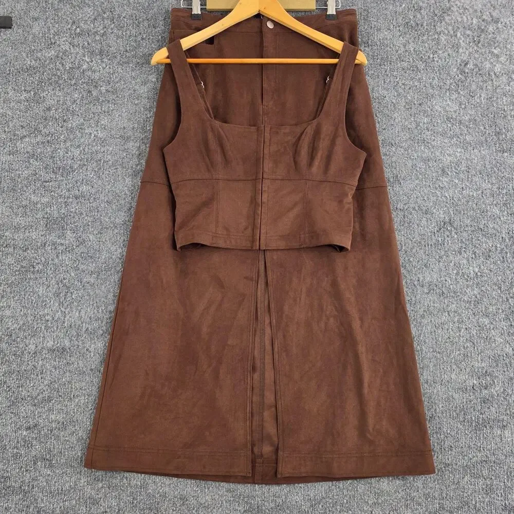 Free People Set Women Medium Brown Faux Suede Tank Maxi Skirt Boho Western Chic